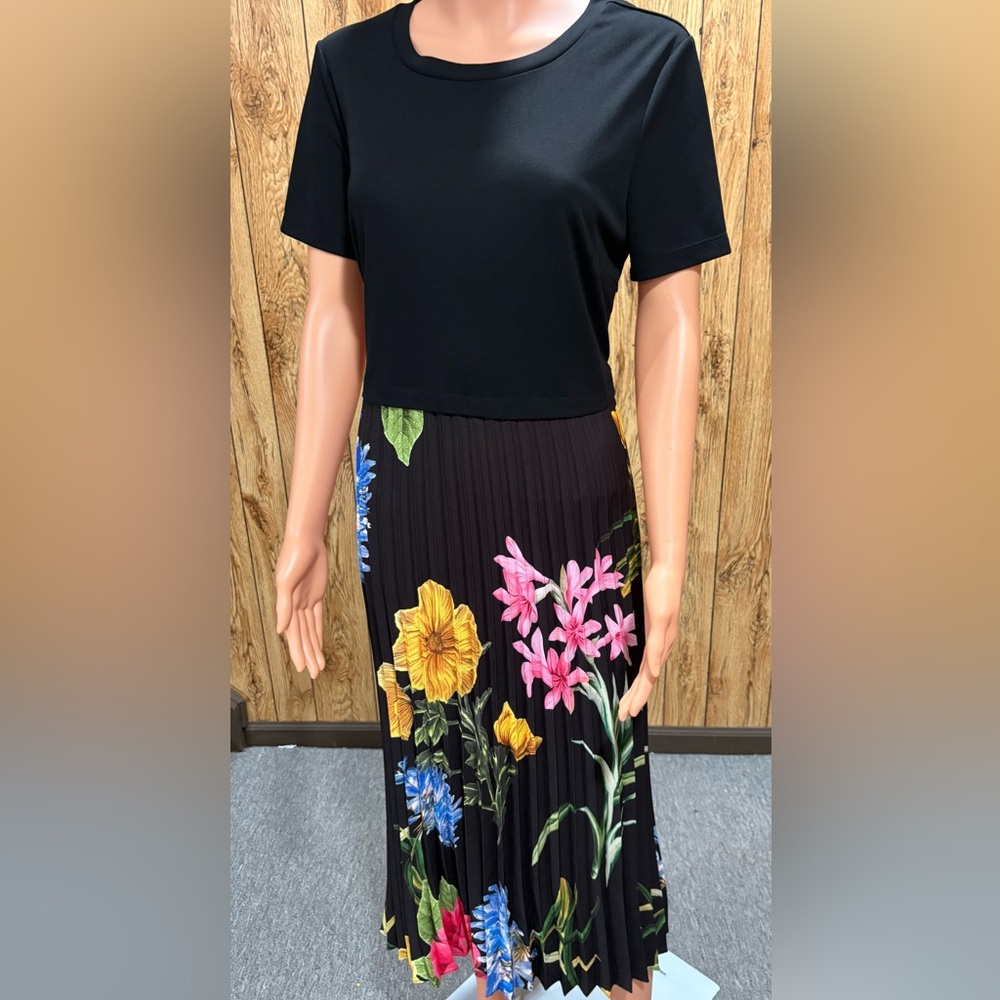 Mixed-media midi dress Kal Lagerfeld, floral pleated skirt with solid top
